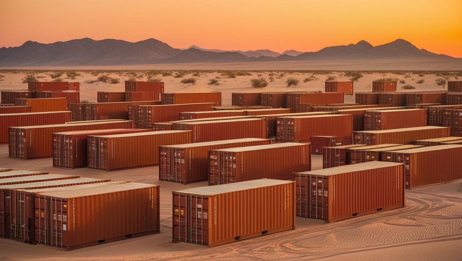 Shipping containers arranged in rows in a desert landscape at sunset with mountains in the background