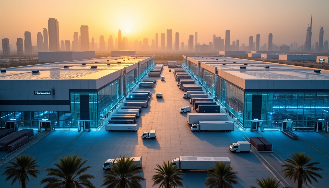 Modern logistics facility with illuminated blue warehouses and loading docks at sunset against a city skyline