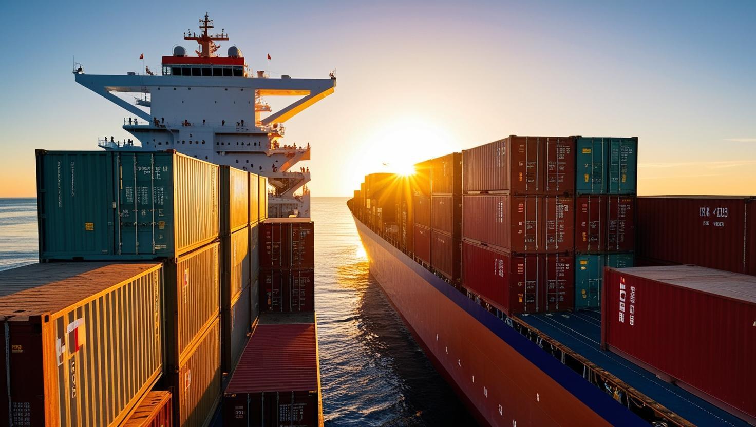 Container ship deck at sunset